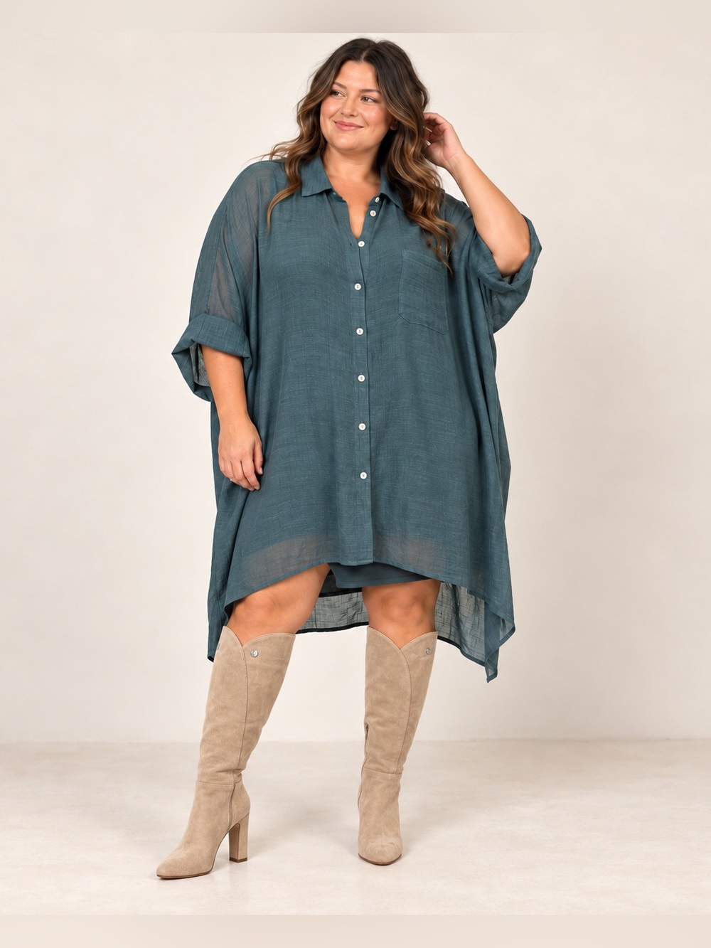 NWT Umgee Plus Teal Layered Shirt Dress with Slip 1XL